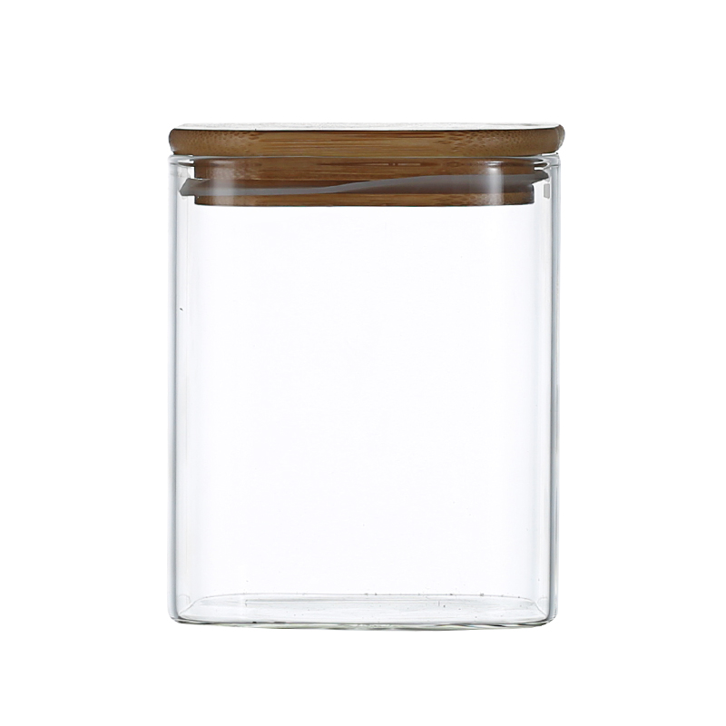 High Borosilicate 200ml to 2000ml Food Storage Glass Jar Transparent Square Shape Glass Jar with Airtight Wooden Lid