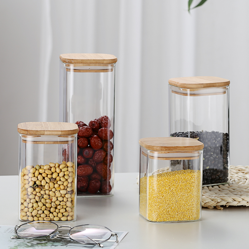 High Borosilicate 200ml to 2000ml Food Storage Glass Jar Transparent Square Shape Glass Jar with Airtight Wooden Lid