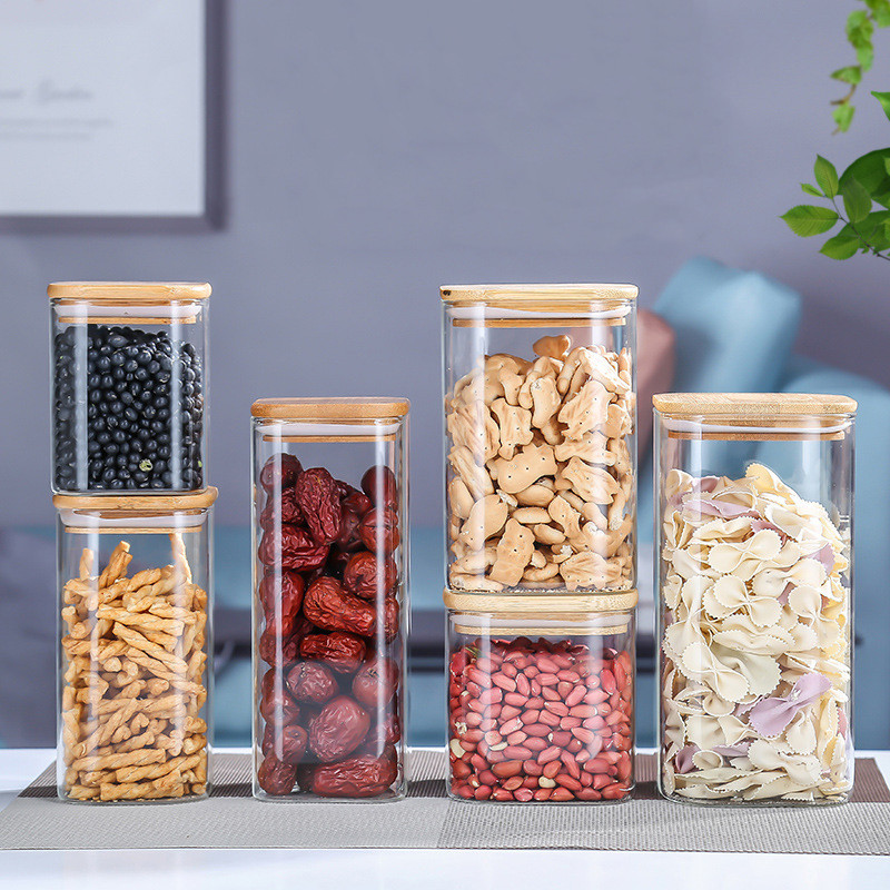 Top quality square 200ml-2000ml sealed bamboo wood lid glass storage jars for dry fruit snacks seasoning container