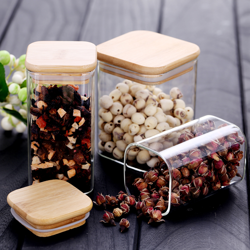 Top quality square 200ml-2000ml sealed bamboo wood lid glass storage jars for dry fruit snacks seasoning container