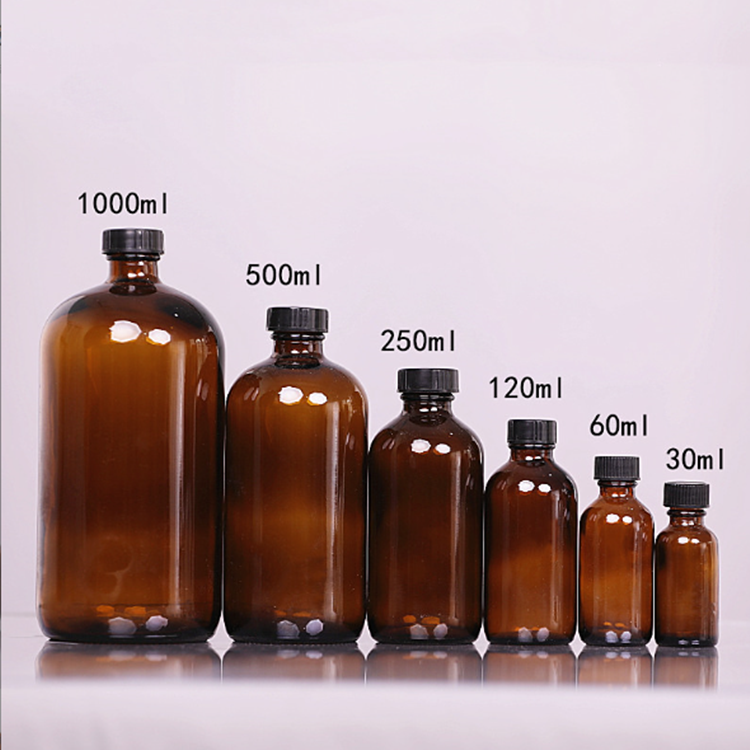 30ml 60ml 120ml 250ml 500ml 1000ml Amber Boston Round Glass Bottles