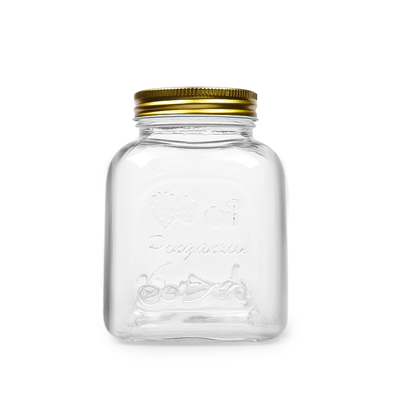 Custom design embossed logo square glass mason jar preserve food canning jar 250ml 500ml 750ml