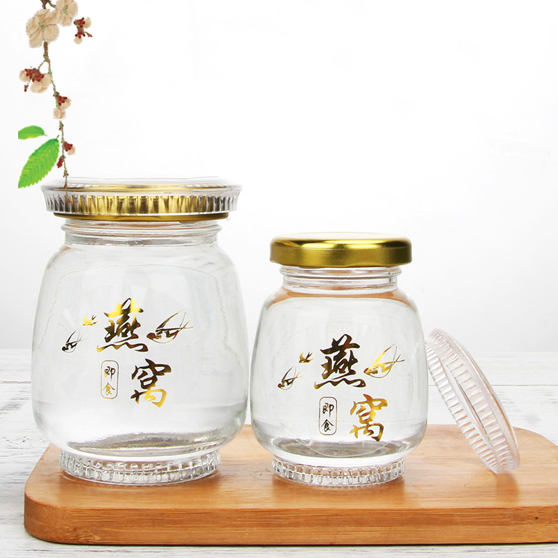 Factory hot sale free sample 80ml-360ml clear glass food jars for honey bird nest with metal lid