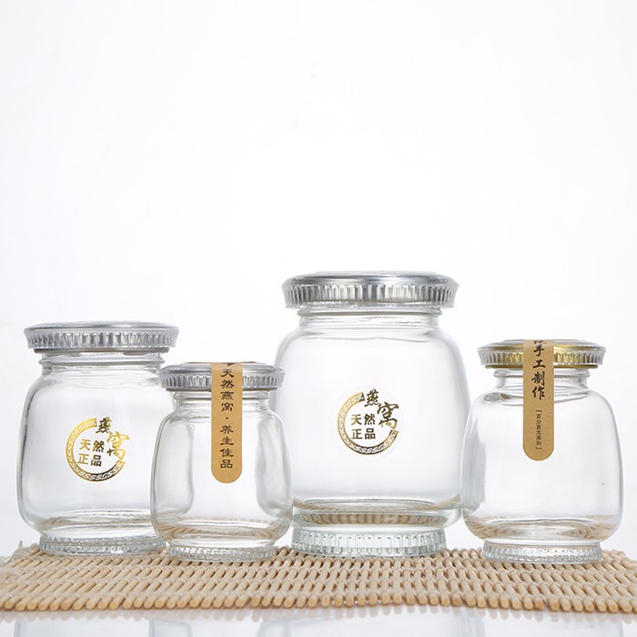 Factory hot sale free sample 80ml-360ml clear glass food jars for honey bird nest with metal lid