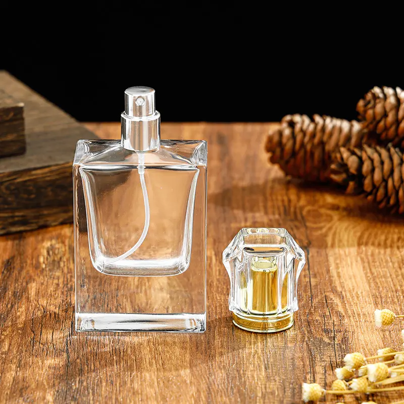 50ml Clear Flat Square Perfume Glass Bottle Thick Bottom Perfume Spray Glass Bottle