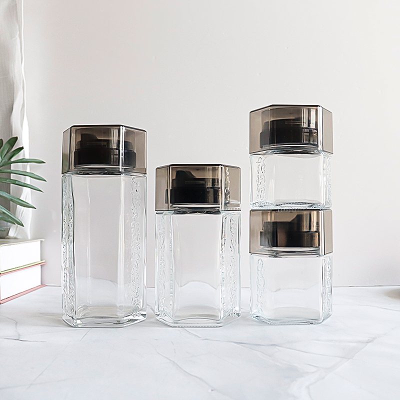 New Design Hexagonal Shaped 200ml 250ml 350ml 500ml Clear Glass Oil Jar With Pourer