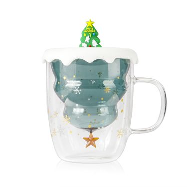 Xmas gift christmas tree design 250ml high borosilicate double wall glass cup christmas mug gift mug