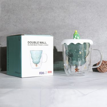 Xmas gift christmas tree design 250ml high borosilicate double wall glass cup christmas mug gift mug