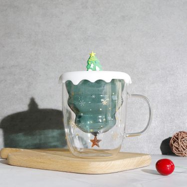 Xmas gift christmas tree design 250ml high borosilicate double wall glass cup christmas mug gift mug