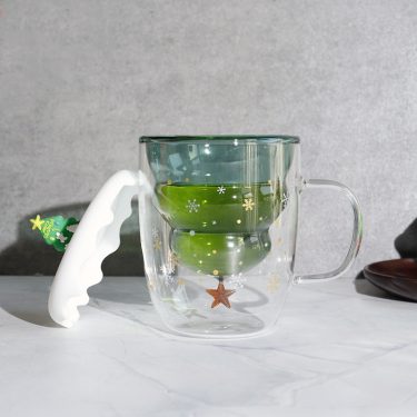 Xmas gift christmas tree design 250ml high borosilicate double wall glass cup christmas mug gift mug