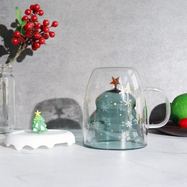 Xmas gift christmas tree design 250ml high borosilicate double wall glass cup christmas mug gift mug