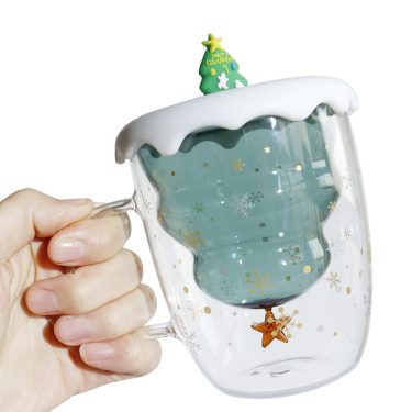 Xmas gift christmas tree design 250ml high borosilicate double wall glass cup christmas mug gift mug