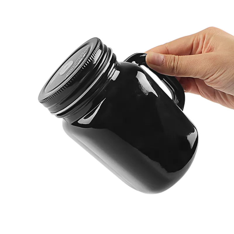 Fashion 500ml Black Square Shape Cold Drink Beverage Mason Jar for Juice Beer Soda with Black Metal Cap and Handle