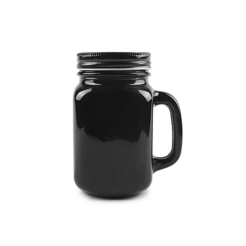 Fashion 500ml Black Square Shape Cold Drink Beverage Mason Jar for Juice Beer Soda with Black Metal Cap and Handle