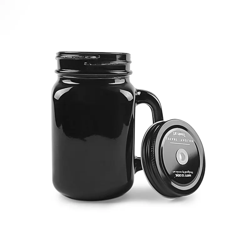 Fashion 500ml Black Square Shape Cold Drink Beverage Mason Jar for Juice Beer Soda with Black Metal Cap and Handle