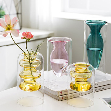 Nordic transparent high borosilicate glass double wall glass vase creative flower bottles for home decoration