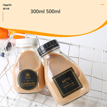 New beverage bottles 300ml 400ml 500ml 1000ml square glass milk tea juice bottles with anti-theft plastic cap