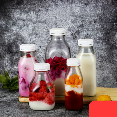 New beverage bottles 300ml 400ml 500ml 1000ml square glass milk tea juice bottles with anti-theft plastic cap