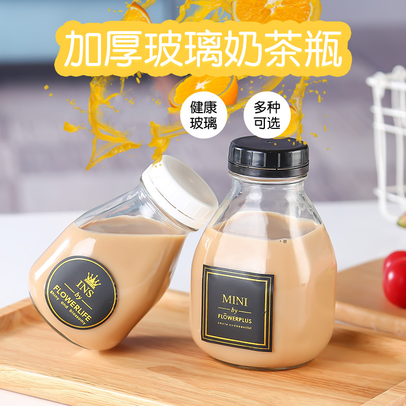 New beverage bottles 300ml 400ml 500ml 1000ml square glass milk tea juice bottles with anti-theft plastic cap