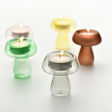 Creative colorful funncy high borosilicate glass mushroom shaped candle holder for home decoration party