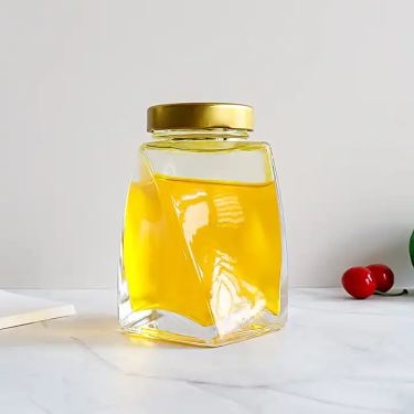 Wholesale 350ml 500g Unique Twist Design Glass Honey Jam Jar Food Container Storage Glass Jars with Metal Cap