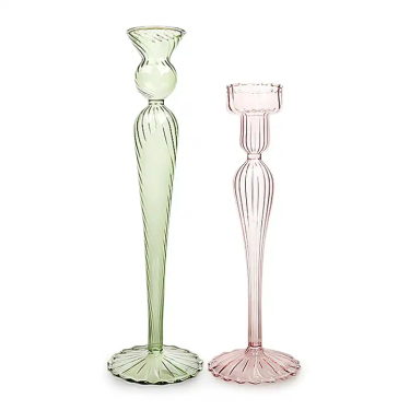 Luxury Hand Blown Glass Candle Holder Pillar Light Pink Green Gray for Table Home Wedding Decoration