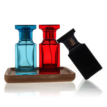 Wholesale 50ml Body Bright Black Red Blue Square Shape Glass Perfume Bottle with Mist Spray Top