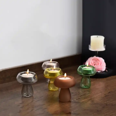 Creative colorful funncy high borosilicate glass mushroom shaped candle holder for home decoration party