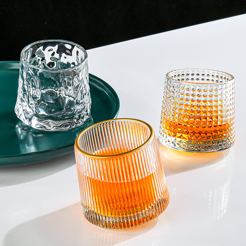 Fun spin glass cup luxury embossed round shape whiskey cocktail vodka cold drink rock glass cups