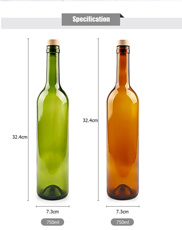 Wholesale 750ml Amber Green Empty Bordeaux Shape Glass Wine Bottle with Cork