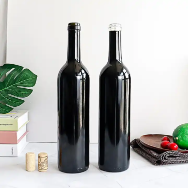 Manufacturer customize shinny black 750ml glass red wine bottles with cork