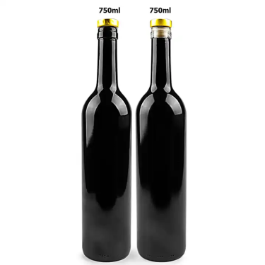 Manufacturer customize shinny black 750ml glass red wine bottles with cork