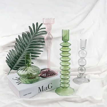 Luxury Hand Blown Glass Candle Holder Pillar Light Pink Green Gray for Table Home Wedding Decoration