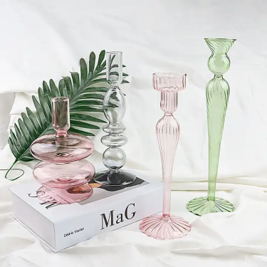 Luxury Hand Blown Glass Candle Holder Pillar Light Pink Green Gray for Table Home Wedding Decoration