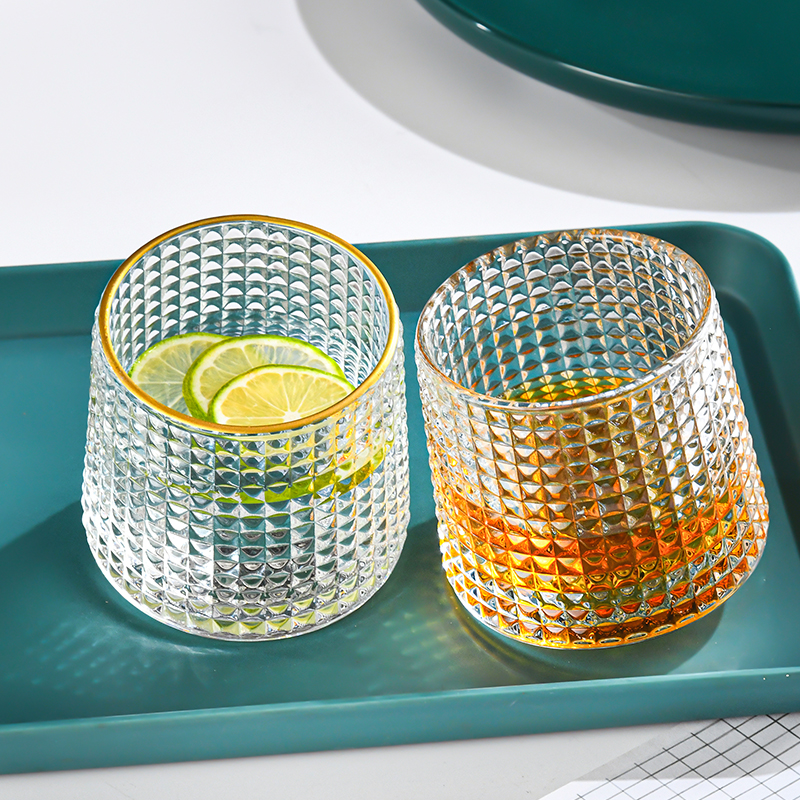 Fun spin glass cup luxury embossed round shape whiskey cocktail vodka cold drink rock glass cups