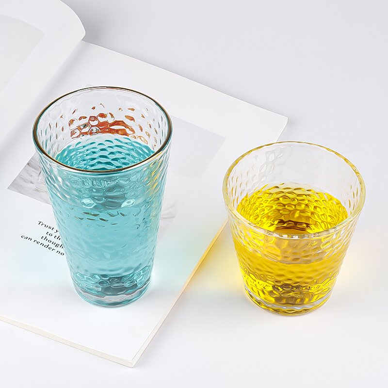 280ml 320ml 340ml Transparent Tall Short Embossing Golden Cup Mouth Beverage Glass Cups for Juice Flower Tea Milk