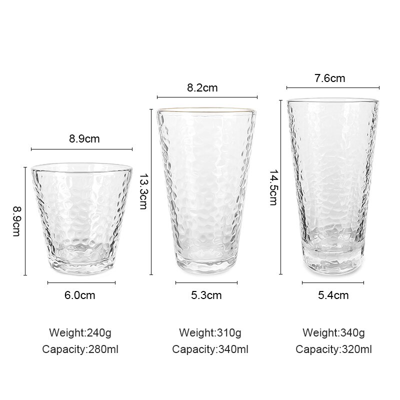 280ml 320ml 340ml Transparent Tall Short Embossing Golden Cup Mouth Beverage Glass Cups for Juice Flower Tea Milk