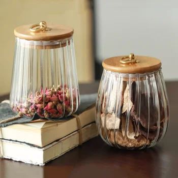 Wholesale 650ml 750ml glass candy tea spice jar petals pumpkin shape glass food container with bamboo lid