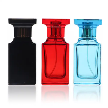 Wholesale 50ml Body Bright Black Red Blue Square Shape Glass Perfume Bottle with Mist Spray Top