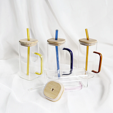 380ml High Borosilicate Glass Cups Transparent Square Shape Glass Drinking Mug with Sealed Bamboo Lid and Glass Straw
