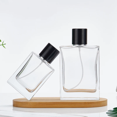 50ml 100ml flat square shape transparent glass perfume bottle with black spray pump cap