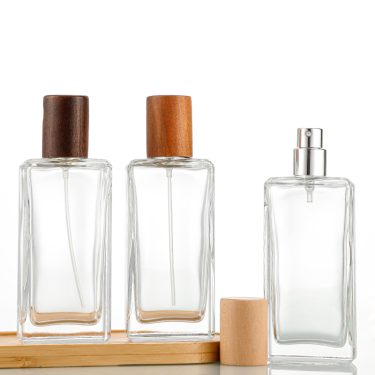 50ml transparent flat square thick bottomed glass perfume bottle with wooden color lid