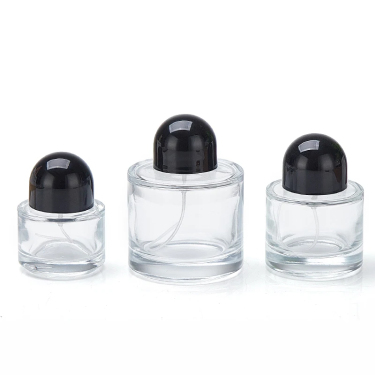 Wholesale round shape transparent thick bottomed 30ml 50ml 100ml spray perfume glass bottle with semi-circular cap