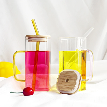 380ml High Borosilicate Glass Cups Transparent Square Shape Glass Drinking Mug with Sealed Bamboo Lid and Glass Straw