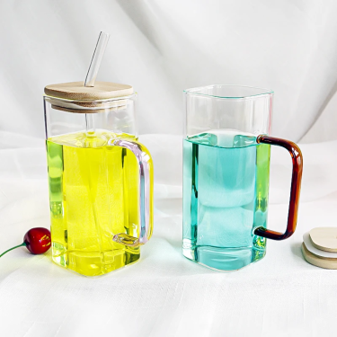 380ml High Borosilicate Glass Cups Transparent Square Shape Glass Drinking Mug with Sealed Bamboo Lid and Glass Straw