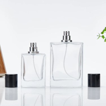 50ml 100ml flat square shape transparent glass perfume bottle with black spray pump cap