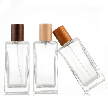 50ml transparent flat square thick bottomed glass perfume bottle with wooden color lid