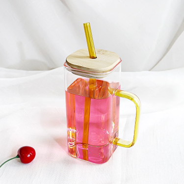 380ml High Borosilicate Glass Cups Transparent Square Shape Glass Drinking Mug with Sealed Bamboo Lid and Glass Straw