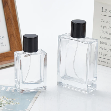 50ml 100ml flat square shape transparent glass perfume bottle with black spray pump cap