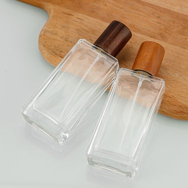 50ml transparent flat square thick bottomed glass perfume bottle with wooden color lid